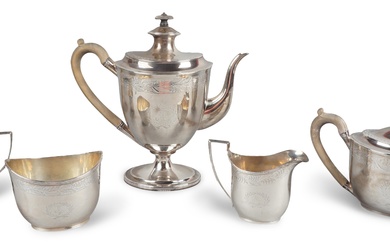 GEORGE III SILVER ASSEMBLED FIVE-PIECE TEA AND COFFEE SET, LONDON 1801-1807, PLUS A MATCHED AMERICAN SILVER PIECE