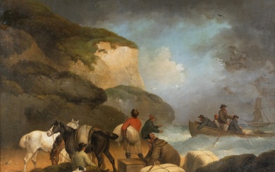 GEORGE MORLAND, BRITISH 1762/63-1804, THE SMUGGLERS, Oil on canvas, 28 1/2 x 36 in. (72.4 x 91.4 cm.), Frame: 35 1/2 x 43 in. (90.2 x 109.2 cm.)
