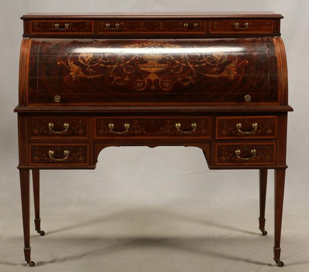 GEORGIAN STYLE MARQUETRY MAHOGANY ROLL TOP DESK