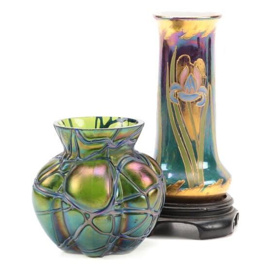 Gebruder Heubach Iridescent Porcelain and Kralik Style Trailing Glass Vases