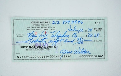 Gene Wilder Signed 1974 Check, During "Young Frankenstein"