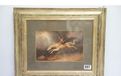 Gilt framed mystical oil painting scene with figure on winge...