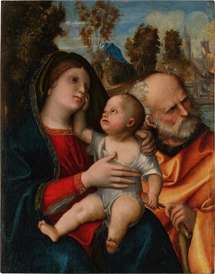 Giovanni Francesco Tura The Holy Family in a wooded river landscape with ships and a castle across the river beyond