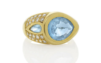 Gold, Blue Topaz and Diamond Ring