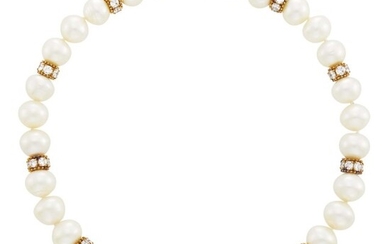 Gold, Semi-Baroque South Sea Cultured Pearl and Diamond Necklace