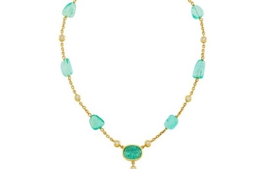Gold, Tumbled and Carved Emerald Bead and Diamond Pendant Chain Necklace, Tambetti