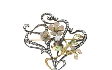 Gold and silver art nouveau pin with diamonds and