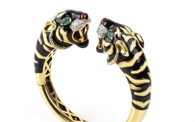Gold, crysoprase, enamel and diamonds panther bangle bracelet - manifattura LEGNAZZI, VALENZA18k yellow gold, pair...