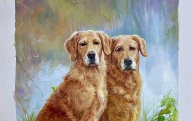 Golden Retrievers Duo Original Acrylic Painting Signed By Artist Yaoge - 20" x 28"
