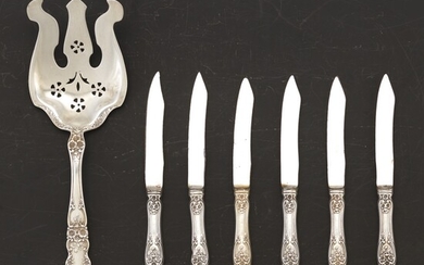 Gorham Sterling Silver Serving Fork and Six Fruit Knives, "Buttercup" Pattern