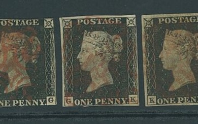 Great Britain 1840 One Penny Black Mixed Plates Seven used examples all with red Maltese Cross...