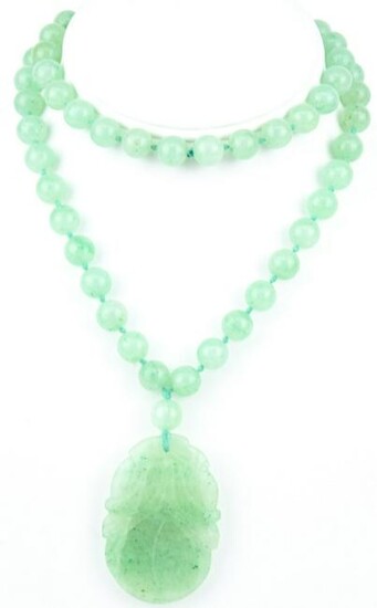 Green Jade Beaded Necklace Large Carved Pendant