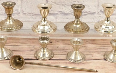 Group Lot of Weighted Sterling Silver Candlesticks and Snuffer