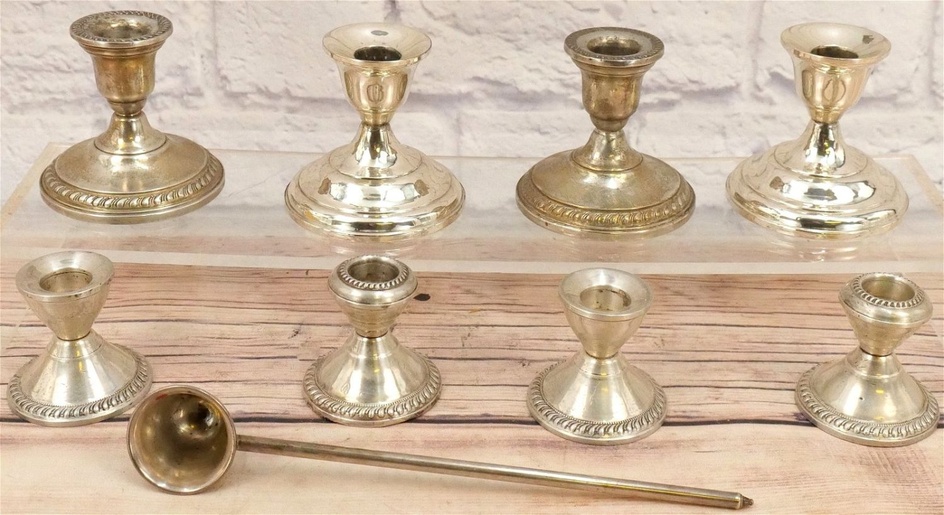 Group Lot of Weighted Sterling Silver Candlesticks and Snuffer