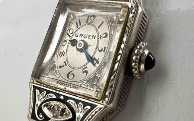 Gruen Art Deco 14K Diamond, Enamel Ladies Watch