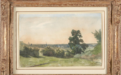 HENRI JOSEPH HARPIGNIES (French, 1819-1916) Landscape in St. Fargeau framed...