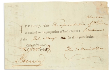 HENRY, PATRICK. Partly-printed Document Signed, "PHenry," as Governor, granting to Thomas Chandler the...