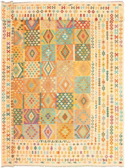 Hand woven Bold & Colorful Ivory Wool Kilim 12'10" x