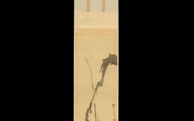 Hanging scroll painting - Sakai Hōitsu (1761-1829) - Scroll, ink on silk, mounting on silk - Plum Branch - Japan - ca 1810 (Edo period)