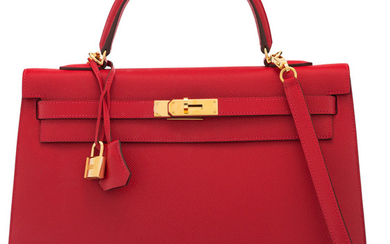 Hermès 35cm Rouge Casaque Epsom Leather Sellier Kelly Bag...