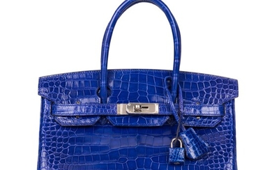 Hermès Bleu Electrique Birkin 30cm of Shiny Porosus Crocodile with Palladium Hardware
