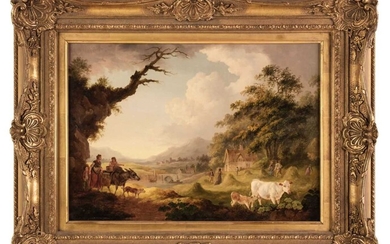Ibbetson (Julius Caesar) Figures and donkey in extensive landscape, oil on panel