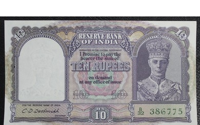 India, Reserve Bank, 1944 10 Rupees, George VI. C.D.Deshmukh...