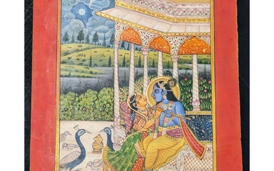 Indian Bundi School Miniature Painting Of Radha And Krishna