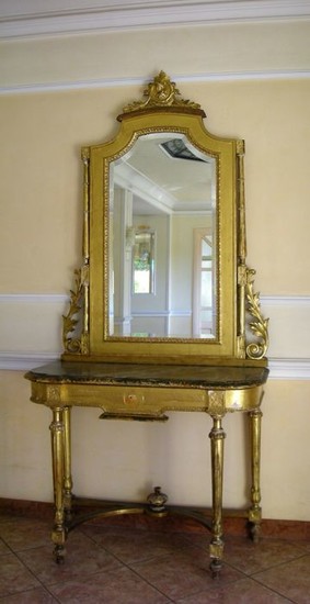 Inlaid and gilt wood console table with cut glass mirror - 20th century