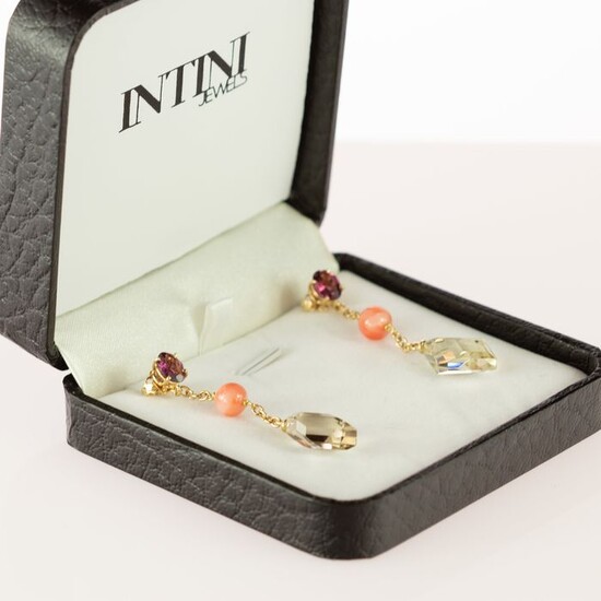 Intini Jewels - 18 kt. Gold, Yellow gold - Earrings - 4.00 ct Tourmaline - Citrine, Coral