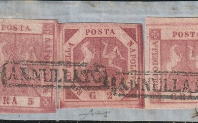 Italian Ancient States - Naples 1858 - Tricolour 1+2+5 gr. with good margins, used on cut out, luxury, signed - Sassone n.4b+5g+9a