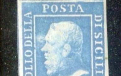 Italian Ancient States - Sicily 1859 - The very rare 2 grain "Azzurro vivo" Napoli paper with retouch 71 - Sassone 6f ritocco 71