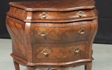Italian Louis XV style three drawer inlaid veneer parquetry bombe commode chest. 28"H x 31 1/4"W
