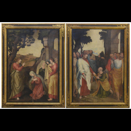 Italian School of the 16th Century Christ Giving the Keys to Saint Peter Oil on panel 93x66 cm. Framed (defects...