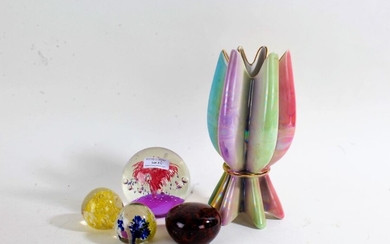 Italian pottery multi-coloured vase, 24cm tall, together with three various glass paperweights and a