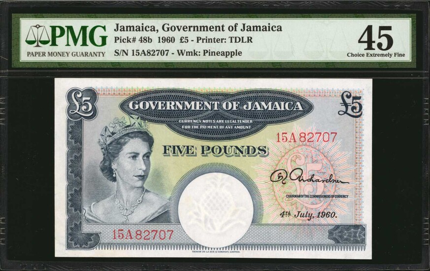 JAMAICA. Government of Jamaica. 5 Pounds, 1960. P-48b. PMG Choice Extremely Fine 45.