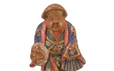 JAPANESE POLYCHROME WOOD NETSUKE By Nagamachi Shuzan. In the form of a figure carrying a mask and folded fan. Signed. Height 1.75".
