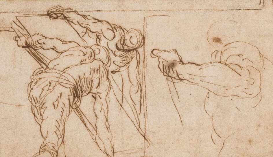 Jacopo Negretti, called Palma il Giovane, Italian c.1550-1628- Studies of a muscular man bending diagonally, and standing in profile to the left; pen and black ink on laid paper, bears inscription 'Palma' (on the card mount lower centre), bears...