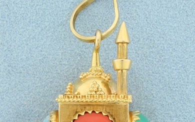 Jade, Red Coral, and Turquoise Mosque Pendant in 18K Yellow Gold