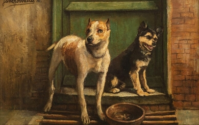 Jan Stobbaerts (1838-1914), dogs on the threshold, dated (18)82, oil on panel, 18 x 24 cm