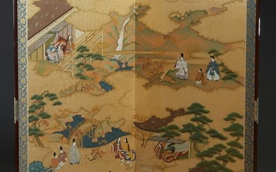Japanese Two Panel Silk Dressing Screen, 20th c., in