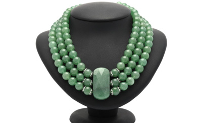 Jewellery Necklace NECKLACE, 3-rows, aventurine quartz, beads, silver-tone clasp ...