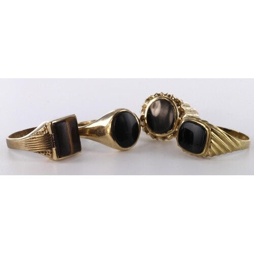 Job lot of 9ct hallmarked Gold Onyx and Tigers Eye Gents Rin...