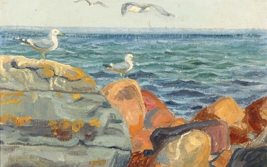 Johannes Larsen: View with seagulls on a rocky coast. Signed with monogram and dated 32. Oil on canvas. 34×43 cm.