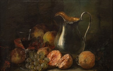 John F. Francis (American, 1808-1886) Oil on Canvas Ca. 1860-1880, "Still Life with Fruit, Silver