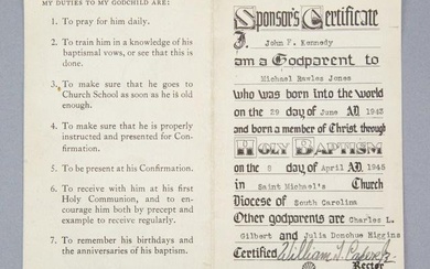 John F Kennedy Sponsor Certificate as a God Father