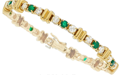 L. Aguinsky Diamond, Emerald, Gold Bracelet Stones: Full-cut diamonds...