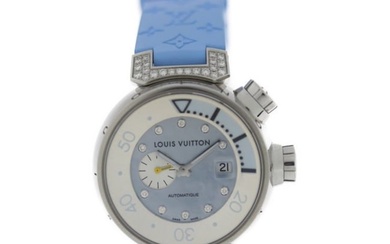LOUIS VUITTON Louis Vuitton Tambour Automatic Watch Q1330 Stainless Steel Diamond Rubber Silver Blue