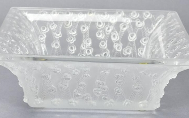 Lalique Frosted Crystal Rose Motif Square Bowl