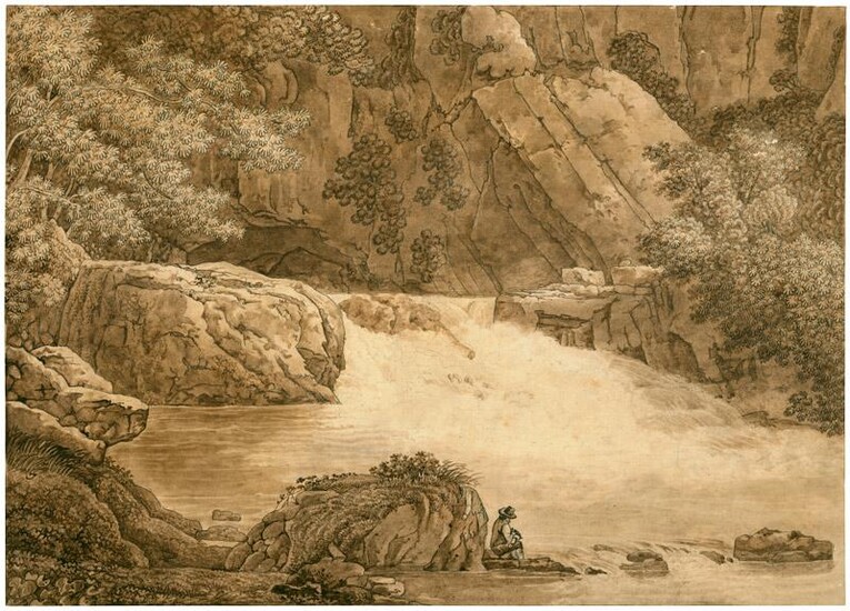 Landschaft mit Stromschnelle, im Vordergrund ein Zeichner auf einem Felsen sitzend.